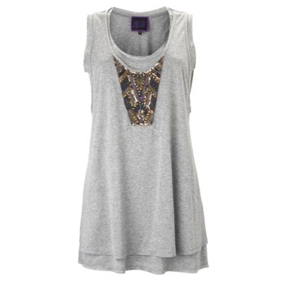 Grey copper embellished long line vest