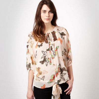 Cream butterfly print tied blouse