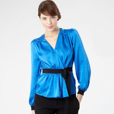 Bright blue satin wrap blouse