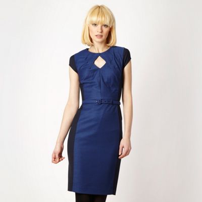 Designer navy jacquard dotted work dress                                                                                        