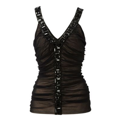 Black ruched embellished strap top