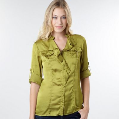 Lime green satin ruffled blouse