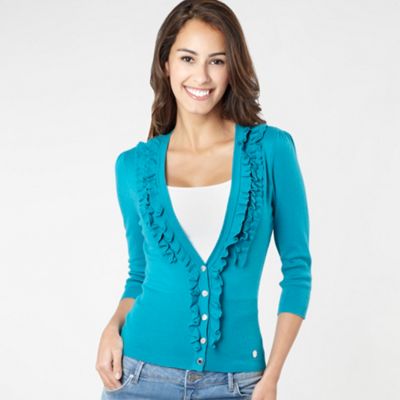 Teal Ruffled V-neck Cardigan