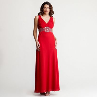 Red chiffon pleat detail long evening dress