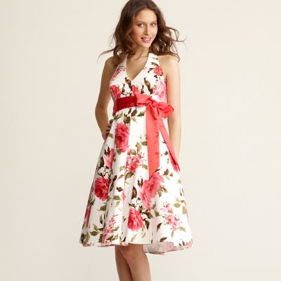 White rose print halter neck dress