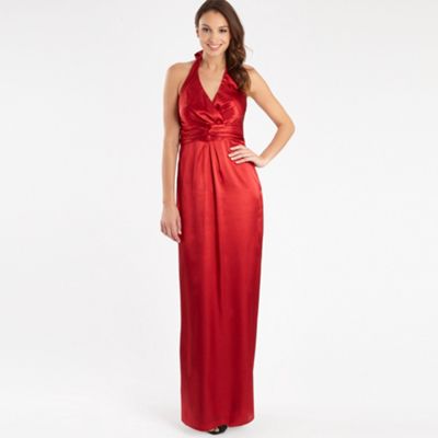 Red satin halter neck dress