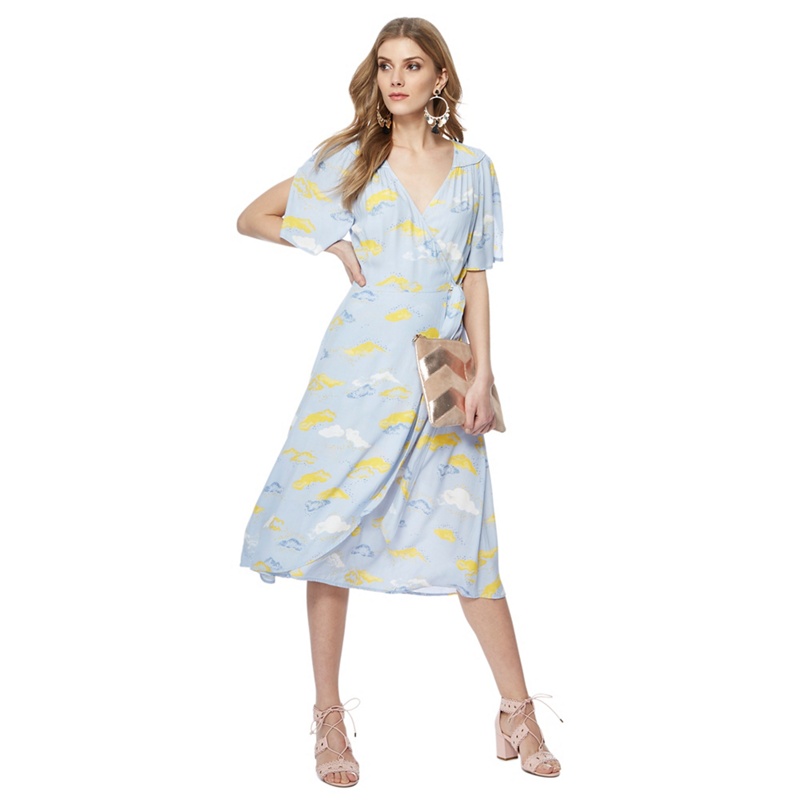 Nine by Savannah Miller - Blue Cloud Print V-Neck Short Sleeve Midi Wrap Dress Review