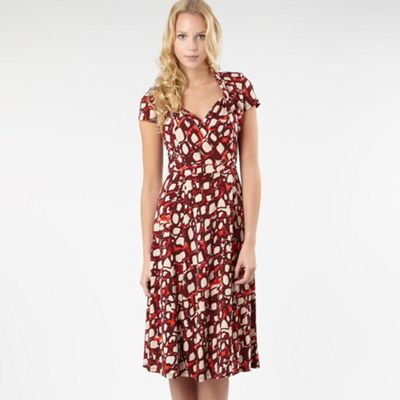 Red brushed square print jersey dress