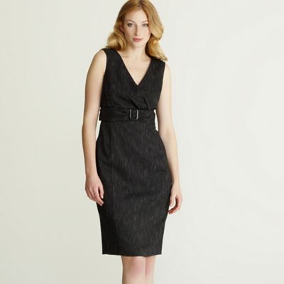 Petite black buckle detail textured shift dress