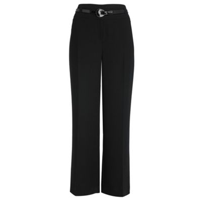 Petite black belted wide leg trousers