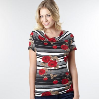 Petite Black Floral Striped Jersey Top