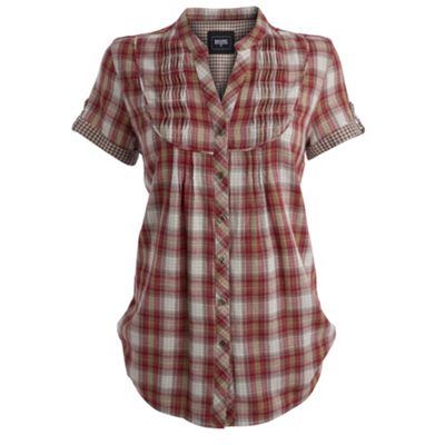 Taupe and red check blouse