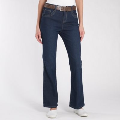 Dark blue belted bootcut jeans