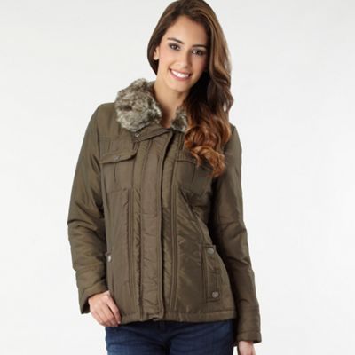 Khaki faux fur collar coat