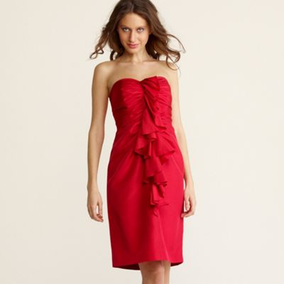 Red shantung ruffle front dress