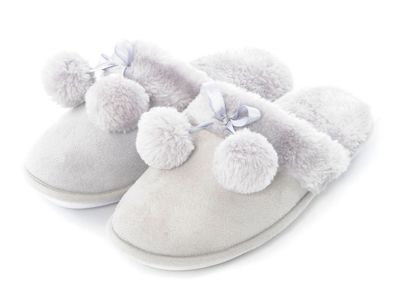 Dark grey faux fur pom slippers