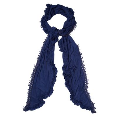 Navy Ruffled And Crochet Trimmed Scarf                                                                                          