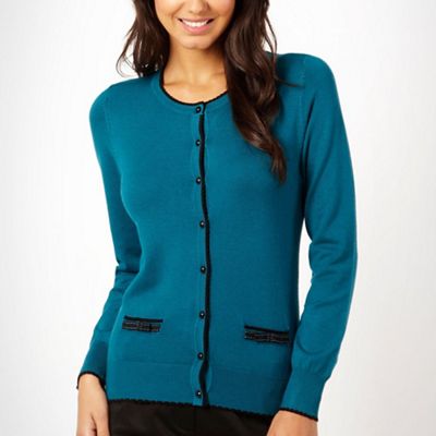Dark turquoise scalloped tip striped cardigan                                                                                   