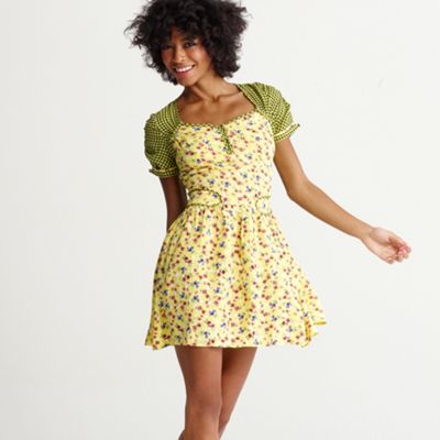 Yellow gingham & floral mini dress