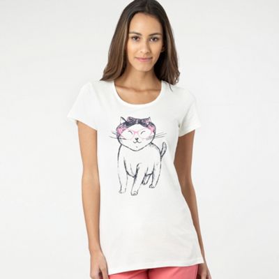 H! by Henry Holland Cream sketched cat t-shirt