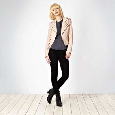 Light pink PU studded biker jacket                                                                                              