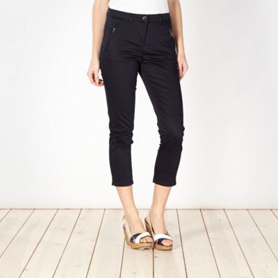 Petite navy cotton sateen cropped trousers