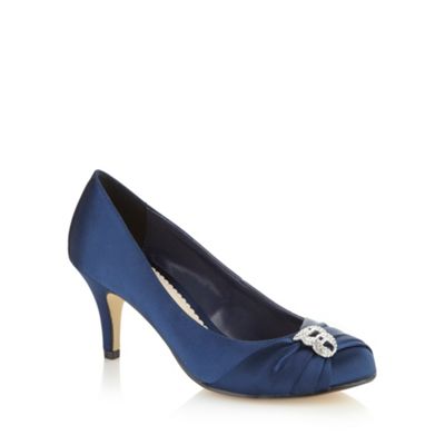 ... these navy mid heeled court shoes come in satin with a wrap detail