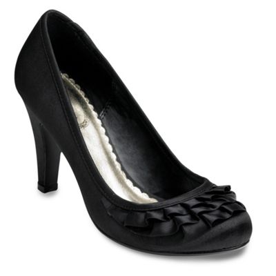 Black satin frill court shoes