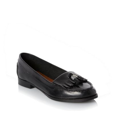 Black leather low heel penny loafers                                                                                            