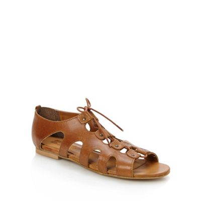 Designer tan leather lace up sandals                                                                                            