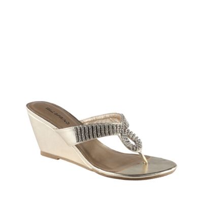 Gold mid heel open toe 'wallick' wedges with diamantee trim