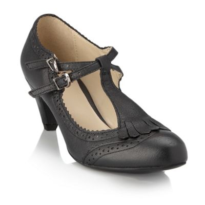 Black double buckle leather court shoes