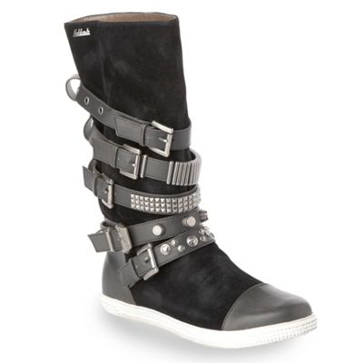 Black buckle calf length boots