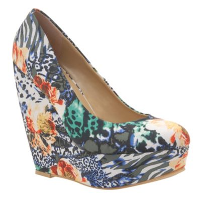 Blue animal and floral print platform wedge shoes