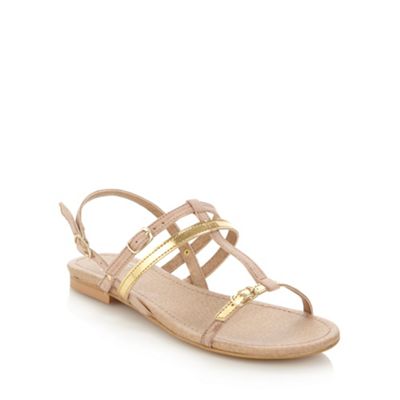 Natural leather mixed T-bar strap sandals                                                                                       