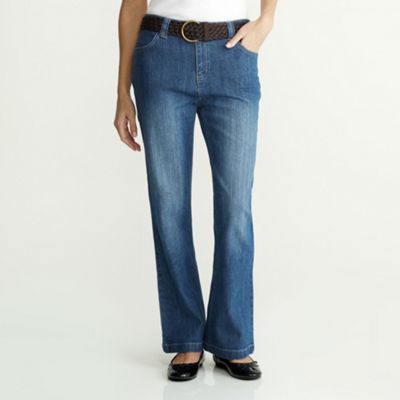 Dark blue belted bootcut jeans