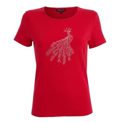 Red peacock embellished t-shirt