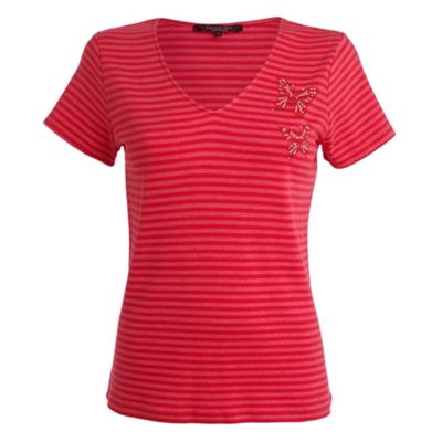 Red fine stripe butterfly detail t-shirt