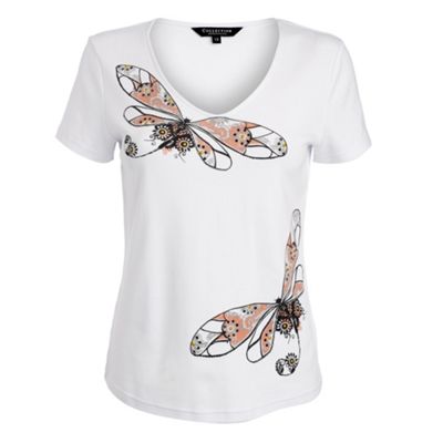 White feather butterfly embellished table t-shirt