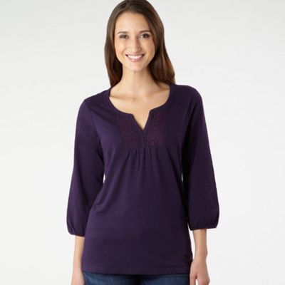 Purple embroidered three quarter sleeve top