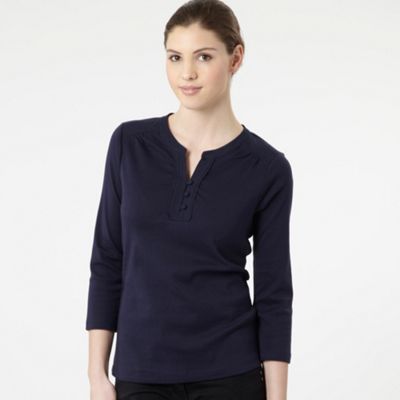 Navy button y-neck top