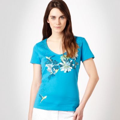 Casual Collection Blue floral hummingbird t-shirt