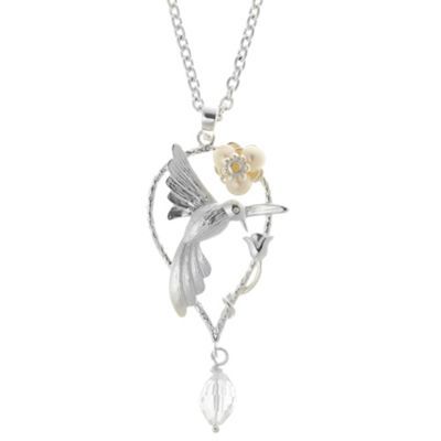 Sterling silver freshwater pearl cubic zirconia and rock crystal humming bird necklace                                          