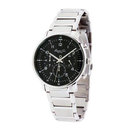 Silver coloured round black chronograph dial watch