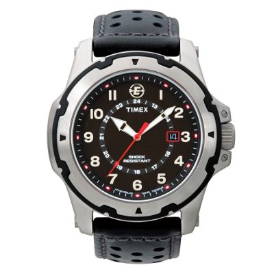 Timex Black round dial black leather strap watch