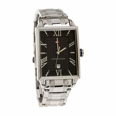 Tommy Hilfiger Silver coloured rectangular black face stainless