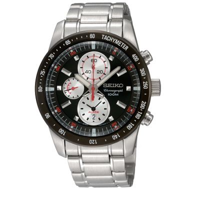 Seiko Silver coloured black chronograph red detail watch