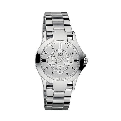 Silver coloured round multi function dial watch