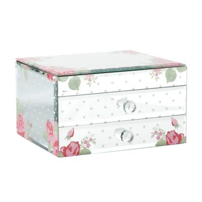 Silver rose print mirrored jewellery box