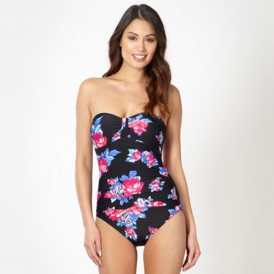 Black floral ruched bandeau tummy control swimsuit